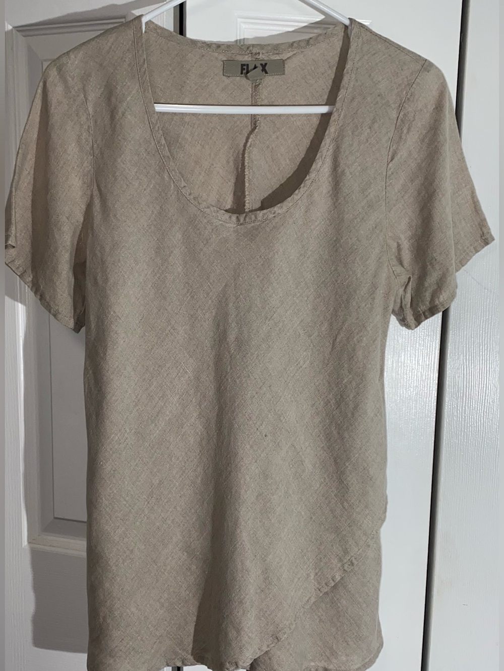Flax Tan Tunic Top S 100% Linen Short Sleeve Lagenlook Minimalist  AA22